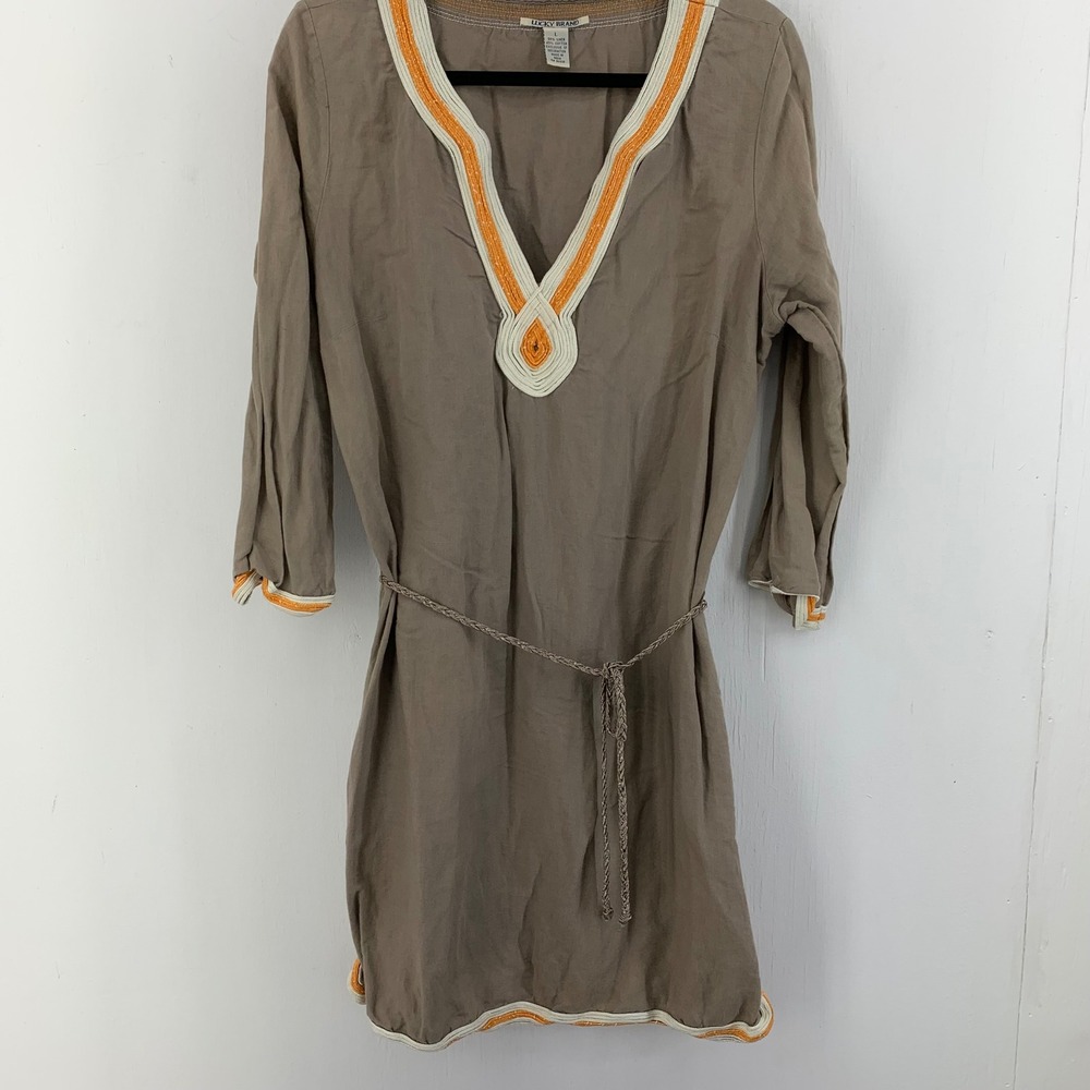Lucky Brand Womens Large Linen Cotton Tunic Dress Boho Hippie Peasant Earthy